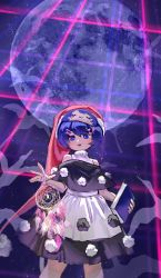Rule 34 | 1girl, :3, :d, bare shoulders, black dress, blue eyes, blue hair, book, clothing cutout, commentary request, doremy sweet, dream catcher, dream world (touhou), dress, feet out of frame, hair ornament, hairclip, hat, highres, holding, holding book, layered dress, looking at viewer, moon, nightcap, open mouth, pom pom (clothes), red hat, short hair, shoulder cutout, shouxishao jiuyuan, sleep mask, smile, solo, touhou, turtleneck, turtleneck dress, two-tone dress, white dress