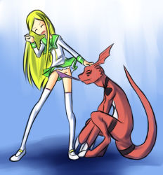 Rule 34 | 1boy, 1girl, angry, blonde hair, blue background, bow, bowtie, claws, closed eyes, clothes lift, digimon, digimon frontier, digimon tamers, dragon, drantyno, flat chest, green skirt, guilmon, long hair, long sleeves, monster, open mouth, orimoto izumi, panties, panty pull, pulling another&#039;s clothes, purple panties, school uniform, shirt, skirt, skirt lift, socks, standing, thighhighs, underwear, white footwear, white shirt, white thighhighs, yellow bow, yellow bowtie