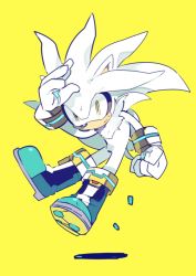Rule 34 | 1boy, animal nose, boots, floating, furry, furry male, gloves, hand up, looking at viewer, male focus, open mouth, silver the hedgehog, sirasudon3, solo, sonic (series), sweatdrop, white gloves, yellow background, yellow eyes