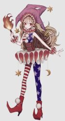 Rule 34 | 1girl, absurdres, adapted costume, american flag, american flag dress, american flag legwear, bare shoulders, blonde hair, breasts, clownpiece, corset, dress, fingernails, fire, gradient background, grey background, hair between eyes, hair ornament, hat, high heels, highres, holding, holding torch, jester cap, leggings, light blush, long hair, looking at viewer, nail polish, neck ruff, pantyhose, parted lips, print pantyhose, red eyes, red nails, sharp fingernails, sleeveless, sleeveless dress, small breasts, solo, star (symbol), star hair ornament, star print, torch, touhou, very long hair, zabu rou