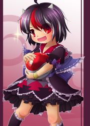 Rule 34 | 1girl, :d, black hair, cone horns, dress, embellished costume, frilled dress, frills, gradient background, grey horns, highres, horns, kakiikada, kijin seija, multicolored hair, open mouth, orb, red eyes, short hair, smile, solo, streaked hair, striped, striped background, touhou, transparent, yin yang