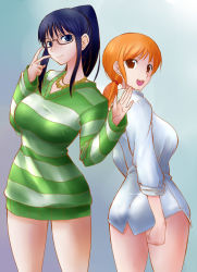 Rule 34 | 2girls, ass, black hair, blouse, blue eyes, bottomless, breasts, brown eyes, collared shirt, curvy, dress, dress shirt, female focus, fujimaru arikui, glasses, gradient background, hands up, jewelry, long hair, long sleeves, looking at viewer, looking back, multiple girls, nami (one piece), necklace, nico robin, no pants, one piece, one piece: strong world, open mouth, orange hair, ponytail, semi-rimless eyewear, shirt, short dress, short hair, sleeves rolled up, smile, striped clothes, striped dress, striped shirt, striped sweater, sweater, sweater dress, under-rim eyewear, white shirt, wide hips