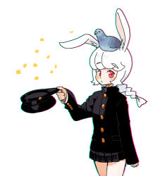 Rule 34 | 1girl, animal, animal ear fluff, animal ears, animal on head, bird, black hat, black jacket, black skirt, blush stickers, braid, closed mouth, commentary request, dove, gakuran, hat, holding, holding clothes, holding hat, hyon (hyon noyh), jacket, long hair, long sleeves, looking at viewer, on head, original, peaked cap, pleated skirt, rabbit ears, red eyes, school uniform, simple background, single braid, skirt, sleeves past wrists, solo, standing, thick eyebrows, unworn hat, unworn headwear, white background, white hair