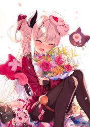 Rule 34 | 1girl, ^ ^, bad id, bad twitter id, blush, bouquet, character doll, character name, closed eyes, commentary request, flower, horns, long hair, mask, naraka (nijisanji), nijisanji, official art, oni horns, oni mask, petals, pointy ears, shnva, simple background, solo, very long hair, virtual youtuber, white background, white hair