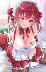 Rule 34 | 1girl, :q, absurdres, apron, arm support, armpits, bad id, bad pixiv id, bare shoulders, blurry, blurry background, blush, bow, bowtie, breast tattoo, breasts, brown pantyhose, cleavage, collar, detached collar, detached sleeves, dress, frilled apron, frilled collar, frilled dress, frilled hairband, frills, gloves, hairband, heart, heart tattoo, heterochromia, highres, hololive, houshou marine, large breasts, licking lips, long hair, looking at viewer, maid headdress, null maru, outstretched hand, pantyhose, red bow, red bowtie, red eyes, red hair, single sleeve, sitting, solo, tattoo, tongue, tongue out, twintails, virtual youtuber, white gloves, white hairband, wrist cuffs, yellow eyes