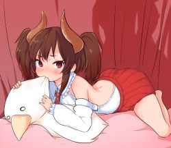 Rule 34 | 1girl, backless outfit, barefoot, biting, blush, brown hair, curtains, detached sleeves, done (donezumi), full body, horns, long hair, looking at viewer, lying, on stomach, original, red curtains, red eyes, red neckwear, red skirt, shirt, skirt, solo, stuffed animal, stuffed bird, stuffed toy, sweat, twintails, white shirt
