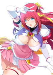 Rule 34 | 1girl, beat angel escalayer, blue eyes, breasts, cleavage cutout, clothing cutout, elbow gloves, escalation heroines, escalayer, gloves, hair intakes, hair ribbon, highres, long hair, medium breasts, official art, onigirikun, open mouth, pleated skirt, puffy short sleeves, puffy sleeves, red hair, red skirt, ribbon, short sleeves, simple background, skindentation, skirt, smile, v, white background, white gloves