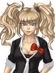Rule 34 | 10s, 1girl, blonde hair, blue eyes, bow, breasts, cleavage, danganronpa (series), danganronpa: trigger happy havoc, drawfag, enoshima junko, hair ornament, hairclip, lips, long hair, loose necktie, necktie, sleeves rolled up, solo, spoilers, twintails, upper body