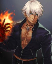 Rule 34 | 1boy, abs, belt, black belt, black jacket, blue eyes, commentary, cross, cross necklace, fire, gloves, gradient background, grey background, hand up, highres, jacket, jewelry, k&#039; (kof), ktovhinao, long sleeves, looking at viewer, male focus, necklace, parted lips, partially unzipped, pectorals, pyrokinesis, red gloves, short hair, simple background, smile, solo, the king of fighters, upper body, white hair, zipper, zipper pull tab