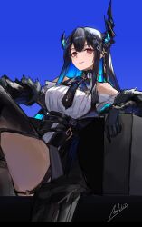 Rule 34 | 1girl, asymmetrical horns, az&#039;ruler, bare shoulders, black hair, blue hair, breasts, colored inner hair, crossed legs, demon horns, fur trim, hair ornament, highres, hololive, hololive english, horns, large breasts, long hair, looking at viewer, mole, mole under eye, multicolored hair, nerissa ravencroft, nerissa ravencroft (1st costume), red eyes, sitting, smile, solo, thighs, two-tone hair, uneven horns, virtual youtuber