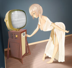 Rule 34 | 1girl, ass, bare shoulders, barefoot, bent over, blue eyes, blush, breasts, cleavage, dress, full body, grey hair, hanging breasts, highres, large breasts, leaning forward, no bra, off shoulder, original, robe, see-through silhouette, solo, standing, static, television, throtem, twintails, white dress