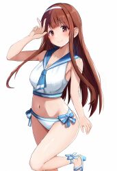 Rule 34 | 1girl, absurdres, ankle bow, ankle ribbon, arm at side, arm up, bare arms, bikini, blue bow, blue sailor collar, blunt bangs, blush, bow, bow bikini, breasts, brown hair, cleavage, closed mouth, collarbone, crop top, foot out of frame, foot up, hairband, hand on own face, high heels, highres, idolmaster, idolmaster million live!, leg ribbon, long hair, looking at viewer, medium breasts, midriff, navel, red eyes, ribbon, sailor collar, sailor swimsuit (idolmaster), sandals, shirt, sidelocks, simple background, sleeveless, sleeveless shirt, smile, solo, standing, standing on one leg, straight hair, striped, striped bow, swimsuit, tabii, tanaka kotoha, v, white background, white bikini, white hairband, white shirt