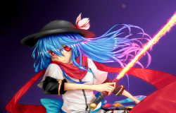 Rule 34 | 1girl, adapted costume, bad id, bad pixiv id, blue hair, female focus, flower, hat, highres, hinanawi tenshi, judo fuu, long hair, red eyes, scarf, simple background, smile, solo, sword, sword of hisou, touhou, weapon