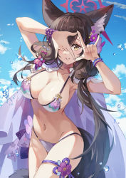 Rule 34 | 1girl, animal ear fluff, animal ears, bead bracelet, beads, bikini, black hair, blue archive, blush, bracelet, breasts, cape, cleavage, cloud, cowboy shot, day, finger frame, flower, fox ears, fox girl, fox tail, groin, hair flower, hair ornament, halo, halterneck, hands up, highres, hoshiko (419401x), jewelry, large breasts, lips, long hair, navel, open mouth, outdoors, smile, solo, string bikini, swimsuit, tail, thigh strap, wakamo (blue archive), wakamo (swimsuit) (blue archive), water drop, yellow eyes