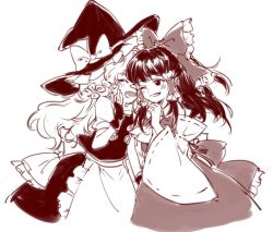 Rule 34 | 2girls, ^ ^, apron, bare shoulders, blush, bow, braid, commentary, detached sleeves, closed eyes, fingerless gloves, gloves, greyscale, grin, hair bow, hair tubes, hakurei reimu, happy, hat, hat bow, kirisame marisa, large bow, laughing, long hair, monochrome, multiple girls, one eye closed, puffy short sleeves, puffy sleeves, sash, short sleeves, side braid, single braid, sketch, skirt, skirt set, slimesushi, smile, touhou, very long hair, vest, waist apron, wavy hair, whispering, witch hat