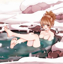 Rule 34 | 1girl, barefoot, blush, breasts, brown eyes, brown hair, cleavage, dota (series), dota 2, feet, highres, long hair, marci (dota), medium breasts, nude, onsen, open mouth, snow, soles, solo, symbol-shaped pupils, toes