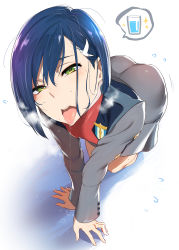 Rule 34 | 10s, 1girl, all fours, ass, bad id, bad pixiv id, blue eyes, blush, colored skin, darling in the franxx, drooling, green eyes, heart, heart-shaped pupils, highres, ichigo (darling in the franxx), ikuchan kaoru, imminent fellatio, looking at viewer, multicolored skin, saliva, school uniform, short hair, solo, symbol-shaped pupils, teeth, tongue, tongue out