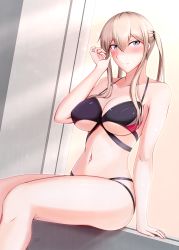 Rule 34 | 1girl, absurdres, arm support, between breasts, bikini, black bikini, blonde hair, blue eyes, blush, breasts, closed mouth, collarbone, embarrassed, fingernails, graf zeppelin (kancolle), hand in own hair, highres, jewelry, kantai collection, large breasts, looking at viewer, medium hair, misono chiaki, navel, ring, sidelocks, sitting, solo, swimsuit, twintails, wedding band