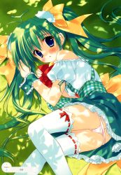 Rule 34 | 1girl, absurdres, blue eyes, blush, bow, green hair, hair bow, highres, huge filesize, melon-chan, melonbooks, panties, panty pull, pink panties, plaid, ribbon-trimmed legwear, ribbon trim, ryouka (suzuya), solo, striped clothes, striped panties, thighhighs, underwear, white thighhighs, wrist cuffs, yellow bow