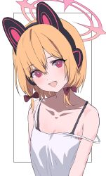 Rule 34 | 1girl, animal ear headphones, animal ears, black bra, blonde hair, blue archive, bra, cat ear headphones, collarbone, commentary request, fake animal ears, halo, headphones, highres, looking at viewer, low-tied sidelocks, momoi (blue archive), open mouth, pink eyes, pink halo, shirt, simple background, sleeveless, sleeveless shirt, smile, solo, spaghetti strap, strap slip, underwear, white background, white shirt, yomoyama55