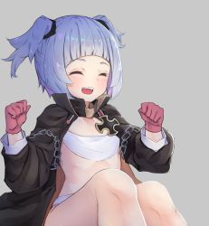 Rule 34 | 1girl, azur lane, bikini, black jacket, blue hair, blunt bangs, blush, closed eyes, commentary request, cross, eyebrows, flat chest, gloves, grey background, highres, iron cross, isobe eiji, jacket, jacket over swimsuit, long sleeves, open mouth, red gloves, short hair, short twintails, simple background, sitting, smile, solo, swimsuit, teeth, twintails, u-556 (azur lane), white bikini