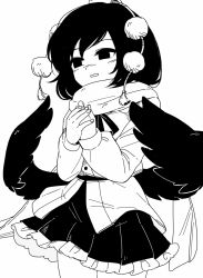 Rule 34 | 1girl, bird wings, black hair, black ribbon, black skirt, black wings, cold, cowboy shot, feathered wings, frilled skirt, frills, greyscale, hat, long sleeves, maguro (mawaru sushi), monochrome, neck ribbon, own hands together, pleated skirt, pom pom (clothes), ribbon, scarf, shameimaru aya, shirt, short hair, skirt, solo, tassel, tokin hat, touhou, white background, white shirt, wings