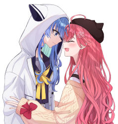 Rule 34 | 2girls, ahoge, black headwear, blush, closed eyes, closed mouth, colored inner hair, commentary, face-to-face, facing another, flower, from side, hair flower, hair ornament, hand on another&#039;s arm, hat, highres, hololive, hood, hood up, hoodie, hoshimachi suisei, hoshimachi suisei (school uniform), long hair, looking at another, multicolored hair, multiple girls, open mouth, pink hair, profile, sakura miko, sakura miko (casual), sallymomoaa, smile, sweater, two-tone hair, upper body, virtual youtuber, wavy hair, white background, yellow sweater, yuri