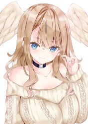 Rule 34 | 1girl, aran sweater, bare shoulders, blue eyes, breasts, brown hair, brown sweater, cable knit, choker, closed mouth, collarbone, eunie (xenoblade), feathered wings, hair between eyes, head wings, highres, large breasts, long hair, long sleeves, looking at viewer, nanase nao, off-shoulder sweater, off shoulder, pink nails, puffy long sleeves, puffy sleeves, simple background, sleeves past wrists, smile, solo, sweater, white wings, wings, xenoblade chronicles (series), xenoblade chronicles 3
