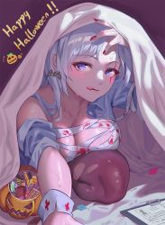 Rule 34 | 1girl, bandages, basket, bed, blanket, blood, blue eyes, blush, breasts, candy, candy wrapper, cleavage, condom, condom wrapper, fingernails, food, hair down, halloween, halloween bucket, highres, jack-o&#039;-lantern, licking lips, long fingernails, long hair, looking at viewer, medium breasts, nail polish, pumpkin, rwby, sarashi, scar, scar across eye, scar on face, shiny skin, solo, tongue, tongue out, under covers, wangxiii, weiss schnee, white hair