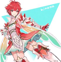 Rule 34 | 1girl, character name, closed mouth, commentary request, dress, fairy wings, fake wings, fire emblem, fire emblem fates, fire emblem heroes, gloves, hand on own hip, highres, hinoka (fire emblem), hinoka (resplendent) (fire emblem), looking at viewer, nintendo, official alternate costume, red eyes, red gloves, red hair, short dress, short hair, signature, simple background, smile, solo, wings, yuurururun