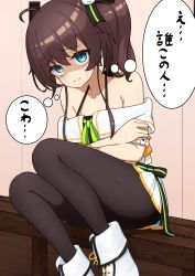 Rule 34 | 1girl, absurdres, ahoge, bad id, bad pixiv id, black pantyhose, black ribbon, blue eyes, boots, brown hair, closed mouth, commentary, crossed arms, disgust, green neckwear, hair between eyes, hair ribbon, halterneck, highres, hololive, jacket, lunch boxer, medium hair, miniskirt, natsuiro matsuri, natsuiro matsuri (1st costume), neck ribbon, off-shoulder jacket, off shoulder, orange jacket, out of frame, pantyhose, pleated skirt, ribbon, scared, short sleeves, side ponytail, skirt, solo focus, spaghetti strap, sweatdrop, translated, virtual youtuber, white footwear, white skirt