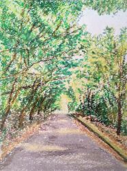Rule 34 | absurdres, blue sky, craypascraypas, day, forest, highres, nature, no humans, original, outdoors, painting (medium), path, road, scenery, sky, traditional media