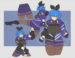 Rule 34 | 1girl, ass, black footwear, black gloves, black jacket, black shirt, blue background, blue hair, boots, breasts, brown pantyhose, clenched hands, commentary, cosplay, dif (difman), difman, fingerless gloves, gloves, grey background, hair between eyes, highres, jacket, kicking, kneepits, long sleeves, looking at viewer, medium breasts, multicolored hair, multiple views, orange eyes, original, outstretched arms, pantyhose, pantyhose under shorts, puffy long sleeves, puffy sleeves, purple jacket, purple shorts, reina (tekken), reina (tekken) (cosplay), shirt, shoe soles, short shorts, shorts, sleeveless, sleeveless shirt, smile, streaked hair, tekken, tekken 8, two-tone background, v-shaped eyebrows