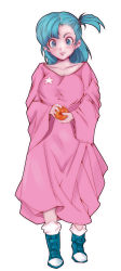 Rule 34 | 1girl, aqua eyes, aqua hair, boots, breasts, bulma, collarbone, dragon ball, dragon ball (classic), dragon ball (object), dress, full body, highres, kofjp, long dress, looking at viewer, medium breasts, one side up, oversized clothes, pink dress, solo, standing, star (symbol)
