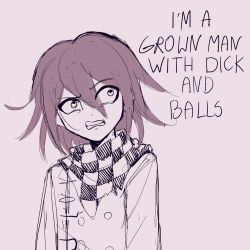 Rule 34 | 1boy, angry, buttons, checkered clothes, checkered scarf, cheer (cheerpuppy14), clenched teeth, danganronpa (series), danganronpa v3: killing harmony, english text, flipped hair, grey background, hair between eyes, highres, jacket, long sleeves, medium hair, oma kokichi, scarf, simple background, sketch, solo, teeth