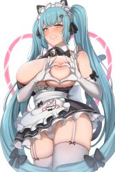 Rule 34 | 1girl, absurdres, animal ears, apron, bare shoulders, bell, black dress, blue hair, blush, breasts, cat ears, clenched teeth, commentary request, dress, elbow gloves, garter straps, gloves, goddess of victory: nikke, heart, heart-shaped boob challenge, heart hands, highres, jingle bell, large breasts, long hair, looking at viewer, maid headdress, nipples, one breast out, panties, privaty (nikke), privaty (unkind maid) (nikke), ruberule, short dress, solo, teeth, thighhighs, thighs, twintails, underwear, very long hair, waist apron, white gloves, white panties, white thighhighs, yellow eyes