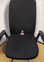 Rule 34 | 1girl, absurdres, barefoot, chair, commentary, dress, frilled dress, frills, highres, indoors, japanese clothes, kimono, long sleeves, mini person, minigirl, nanashi nasi, office chair, purple hair, short hair, sitting, solid oval eyes, solo, sukuna shinmyoumaru, swivel chair, symbol-only commentary, touhou