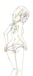 Rule 34 | 10s, 1girl, ass, back, blush, butt crack, charlotte dunois, color trace, from behind, highres, infinite stratos, kneepits, looking back, panties, panties only, panty pull, partially colored, ponytail, production art, ribbon, solo, sparkle, standing, topless, underwear, underwear only, yataneko (echigo)