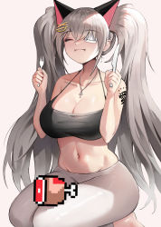 Rule 34 | 1girl, absurdres, bare arms, bare shoulders, barefoot, blush, body writing, breasts, chicken (food), cleavage, closed eyes, closed mouth, collarbone, eating, food, fork, grey hair, hands up, havoc-chan, highres, holding, holding fork, holding knife, jewelry, kneeling, knife, large breasts, long hair, navel, necklace, one eye covered, original, pants, pixelated, suou-sensei, thighs, twintails, white pants