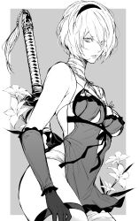Rule 34 | 1girl, 2b (nier:automata), absurdres, bandage on neck, bandages, bandaid, bandaid on leg, bare shoulders, breasts, closed mouth, commentary request, cosplay, frills, gloves, grey background, greyscale, hair ornament, hairband, highres, kaine (nier), kaine (nier) (cosplay), lingerie, lips, looking at viewer, medium breasts, mole, mole under mouth, monochrome, negligee, nier, nier:automata, nier (series), nishiii26miii, short hair, sleeveless, thighhighs, thighs, underwear, weapon