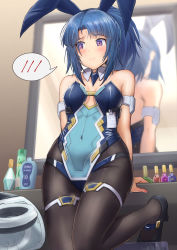 Rule 34 | 1girl, absurdres, alice gear aegis, animal ears, arm strap, arms behind back, bare shoulders, black footwear, black pantyhose, blue hair, blue leotard, blush, breasts, commentary request, cosmetics, covered navel, detached collar, fake animal ears, high heels, high ponytail, highleg, highleg leotard, highres, leotard, long hair, looking to the side, mirror, origami yakko, pantyhose, playboy bunny, ponytail, purple eyes, rabbit ears, reflection, small breasts, solo, speech bubble, strapless, strapless leotard, sweat, sweatdrop, table, takanashi rei, thigh strap, vanity table