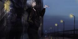 Rule 34 | 1girl, absurdres, bad id, bad twitter id, black jacket, black shirt, building, choker, closed eyes, cloud, cloudy sky, commentary, earrings, english commentary, from side, hair between eyes, hand in pocket, highres, jacket, jewelry, lamppost, open clothes, open jacket, original, outstretched hand, pale skin, railing, rain, ratatatat74, road, shirt, short hair, sign, silver hair, sky, smoking, standing, street, wet, wet hair