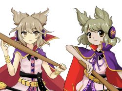 Rule 34 | 2girls, cape, comparison, earmuffs, gold trim, highres, holding, kaisouou konbu, light brown hair, light smile, looking at viewer, medium hair, multiple girls, pointy hair, ritual baton, sheath, sheathed, simple background, sword, touhou, toyosatomimi no miko, upper body, weapon, white background, yellow eyes, zun (style)