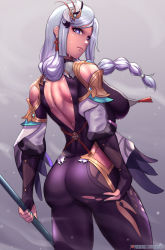 Rule 34 | 1girl, artist name, ass, ass grab, bare shoulders, bodysuit, braid, breasts, bridal gauntlets, calamity queller (genshin impact), deep skin, fluffydus, from behind, genshin impact, green eyes, hair ornament, highres, large breasts, long hair, looking at viewer, looking back, low-braided long hair, low-tied long hair, polearm, shenhe (genshin impact), shiny clothes, shiny skin, sideboob, skin tight, solo, spear, torn clothes, very long hair, weapon, white hair