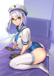 Rule 34 | 1girl, ass, black gloves, blue bow, blue neckerchief, blue one-piece swimsuit, blue sailor collar, bow, breasts, choker, closed mouth, from side, glasses, gloves, goddess of victory: nikke, grey hair, hat, hat bow, highres, large breasts, long hair, looking at viewer, neckerchief, neon (nikke), one-piece swimsuit, raised eyebrows, sailor collar, sailor hat, seed01010, shiny clothes, shirt, sitting, solo, swimsuit, thighhighs, wariza, white hat, white shirt, white thighhighs, yellow eyes