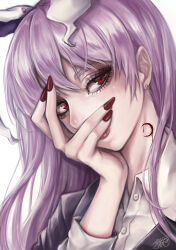 Rule 34 | 1girl, absurdres, animal ears, black jacket, bleeding, blood, buttons, collared shirt, commentary request, covered mouth, covering own mouth, crescent, cuts, dress shirt, earrings, extra ears, eyelashes, fingernails, hand on own face, hand over own mouth, highres, injury, jacket, jewelry, kyogoku-uru, long hair, long sleeves, looking at viewer, nail polish, purple hair, rabbit ears, red eyes, red lips, red nails, reisen udongein inaba, shirt, signature, simple background, solo, touhou, upper body, white background, white shirt