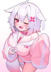 Rule 34 | 1girl, absurdres, ahoge, animal ears, bandaged ear, bandages, belt, blush, breasts, choker, collar, commentary request, deaver, fang, gradient background, gradient hair, hair intakes, hair ornament, highres, jacket, large breasts, leash, long sleeves, looking at viewer, medium hair, multicolored hair, no pants, one eye closed, open mouth, original, paw ornament, paw print, pink background, pink belt, pink choker, pink collar, pink eyes, pink hair, pink jacket, sleeves past fingers, sleeves past wrists, smile, solo, tail, thigh strap, thighs, two-tone hair, very long sleeves, white background, white hair, x hair ornament, zipper pull tab