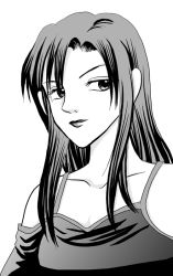 Rule 34 | 1girl, bare shoulders, close-up, dress, ghost hunt, greyscale, lips, long hair, looking to the side, matsuzaki ayako, monochrome, sidelocks, simple background, sleeveless, sleeveless dress, smirk, solo, white background