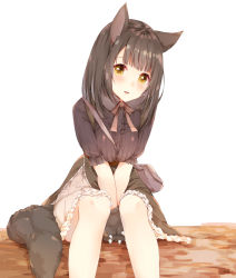 Rule 34 | 1girl, animal ears, animal hands, azuki (krps-hano), between legs, black shirt, black skirt, blouse, blush, breasts, brown hair, fox ears, fox tail, frilled skirt, frills, hand between legs, highres, large breasts, log, looking at viewer, manatsuki manata, original, parted lips, shirt, simple background, sitting, skirt, smile, solo, tail, v arms, white background, wolf ears, yellow eyes