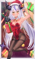 Rule 34 | 1girl, absurdres, ahoge, armpits, black horns, bow, bowtie, box, braid, braided bangs, breasts, brown pantyhose, cleavage, covered navel, crow (la+ darknesss), detached collar, ebifly401, gift, gift box, grey hair, hat, high heels, highleg, highleg leotard, highres, holding, holding gift, hololive, horn bell, horns, la+ darknesss, leotard, medium breasts, multicolored hair, pantyhose, playboy bunny, pointy ears, purple hair, red footwear, red leotard, santa hat, side-tie leotard, solo, strapless, strapless leotard, streaked hair, striped horns, virtual youtuber, wrist belt, yellow eyes